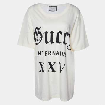 مملوكة مسبقًا Gucci Cream Guccy Print Cotton Crew Neck T-Shirt L