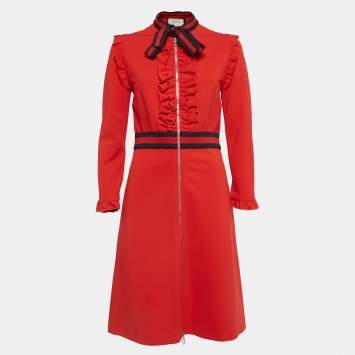 مملوكة مسبقًا Gucci Red Jersey Tie Neck Ruffled Dress L