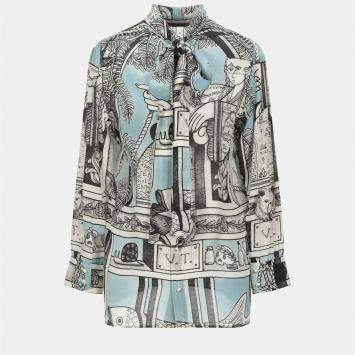 Pre Owned Gucci Blue Printed Silk Long Sleeve Blouse S (IT 38)