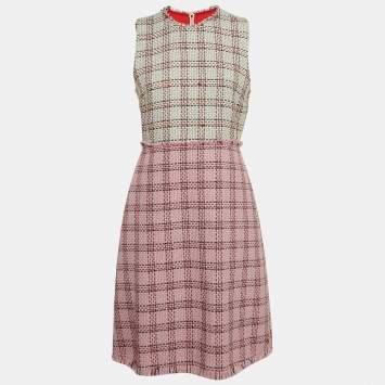 مملوكة مسبقًا Gucci Pink Tweed Lurex Damier Sheath Dress M