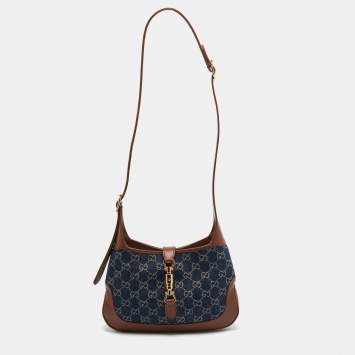Pre Owned Gucci Blue/Brown GG Denim and Leather Small Jackie 1961 Hobo