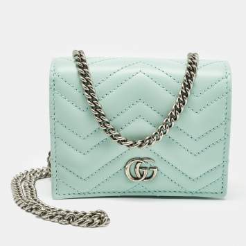 Pre Owned Gucci Light Mint Green Matelassé Leather GG Marmont Compact Wallet on Chain