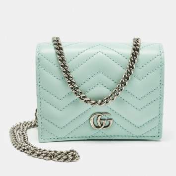 Pre Owned Gucci Light Mint Green Matelassé Leather GG Marmont Compact Wallet on Chain