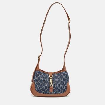 Pre Owned Gucci Blue/Brown GG Denim and Leather Small Jackie 1961 Hobo