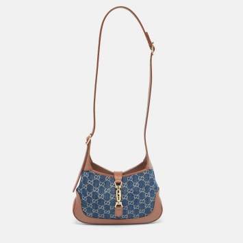 Pre Owned Gucci Blue/Brown GG Denim and Leather Jackie 1961 Hobo