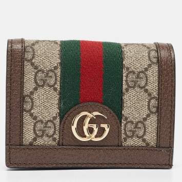 Pre Owned Gucci Brown GG Supreme Canvas and Leather Web Ophidia Card Case