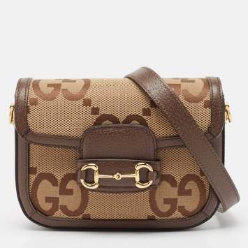 Pre Owned Gucci Brown/Beige Jumbo GG Canvas Mini Horsebit 1955 Shoulder Bag