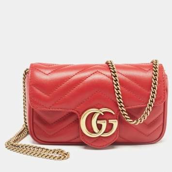 Pre Owned Gucci Red Matelassé Leather Super Mini GG Marmont Shoulder Bag