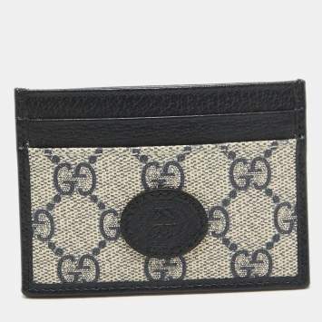 Pre Owned Gucci Beige/Navy Blue GG Supreme Canvas and Leather Interlocking G Card Holder