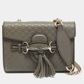 Pre Owned Gucci Grey Microguccissima Leather Mini Emily Chain Crossbody Bag