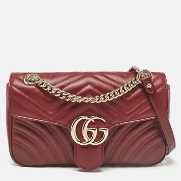 Pre Owned Gucci Burgundy Matelassé Leather Small GG Marmont Shoulder Bag