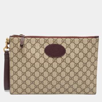 Pre Owned Gucci Beige/Burgundy GG Supreme Coated Canvas and Leather Wristlet Pouch