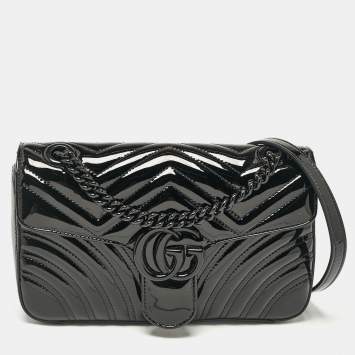 Pre Owned Gucci Black Matelassé Patent Leather Small GG Marmont Shoulder Bag