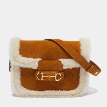 Pre Owned Gucci Brown/White Shearling Fur and Suede Small Horsebit 1955 Shoulder Bag