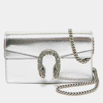 Pre Owned Gucci Silver Leather Super Mini Dionysus Shoulder Bag