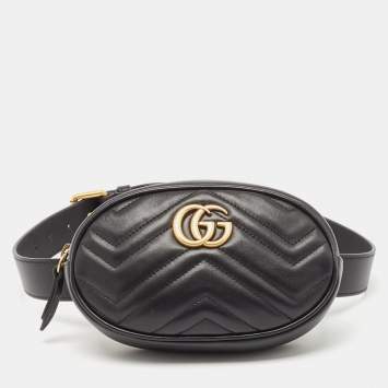 Pre Owned Gucci Black Matelassé Leather Mini GG Marmont Belt Bag