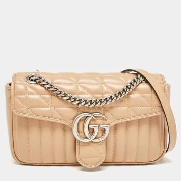 Pre Owned Gucci Beige Matelassé Leather Small GG Marmont Shoulder Bag