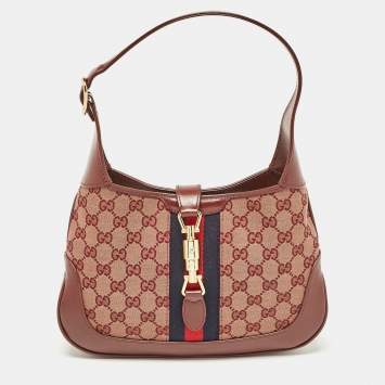 Pre Owned Gucci Burgundy GG Canvas and Leather Small Jackie 1961 Hobo