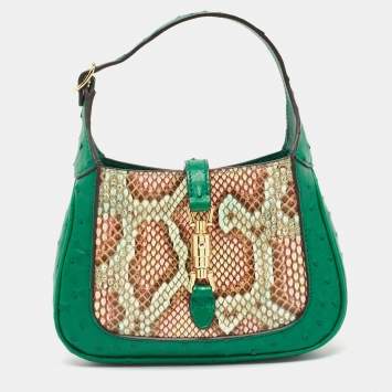 Pre Owned Gucci Green/Multicolor Ostrich and Python Mini Jackie 1961 Hobo