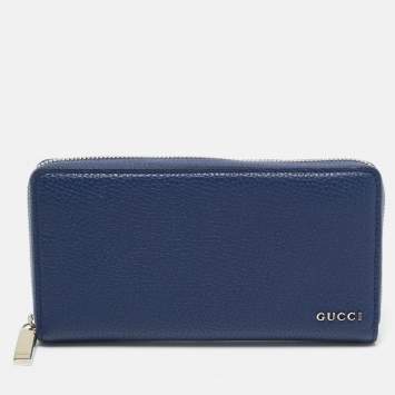 Pre Owned Gucci Navy Blue Leather Zip Continental Wallet