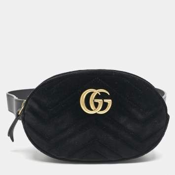 Pre Owned Gucci Black Matelassé Velvet GG Marmont Belt Bag