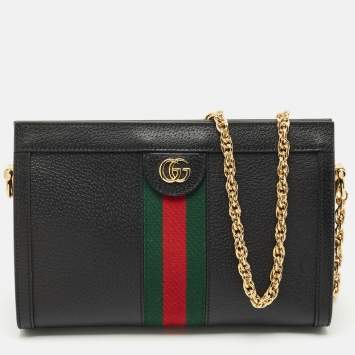 Pre Owned Gucci Black Leather GG Web Detail Ophidia Small Chain Shoulder Bag