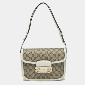 Gucci Beige/Off White GG Supreme Canvas and Leather Medium Horsebit 1955 Shoulder Bag