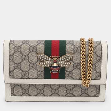 Pre Owned Gucci White/Beige GG Supreme Canvas and Leather Queen Margaret Wallet On Chain