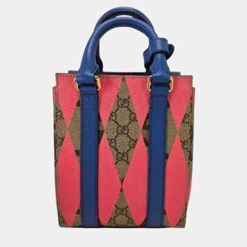 Pre Owned Gucci  GG Supreme Monogram Calfskin Rhombus Mini Tote Bag Beige Ebony Pink Blue