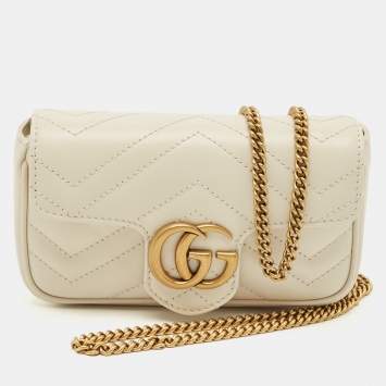 Pre Owned Gucci Off White Matelassé Leather Super Mini GG Marmont Shoulder Bag