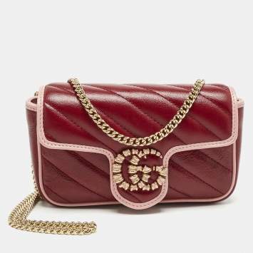 Pre Owned Gucci Red/Pink Diagonal Quilted Leather Super Mini Torchon GG Marmont Shoulder Bag