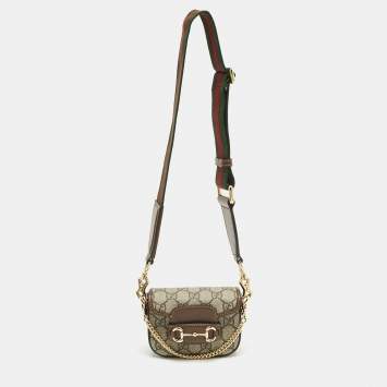 Pre Owned Gucci Beige/Brown GG Supreme Canvas and Leather Mini Horsebit 1955 Crossbody Bag