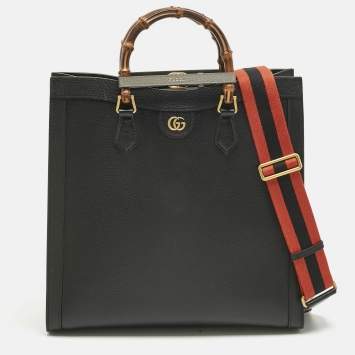 Pre Owned Gucci Black Leather Large Bamboo Diana Tote