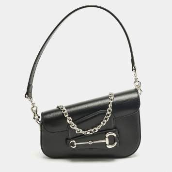 Pre Owned Gucci Black Leather Mini Horsebit 1955 Asymmetric Shoulder Bag