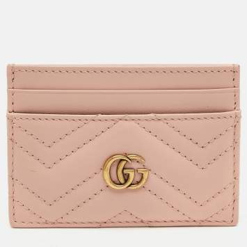 Pre Owned Gucci Pink Matelassé Leather GG Marmont Card Holder