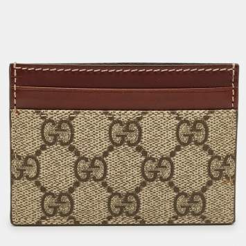 Pre Owned Gucci Brown/Beige GG Supreme Canvas and Leather Card Holder