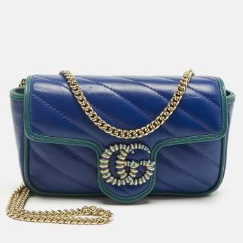 Pre Owned Gucci Blue/Green Diagonal Quilt Leather Super Mini GG Marmont Torchon Shoulder Bag