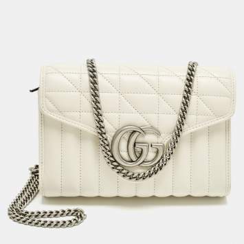 Pre Owned Gucci GG Marmont Off White Mix Quilted Leather Wallet On Chain
