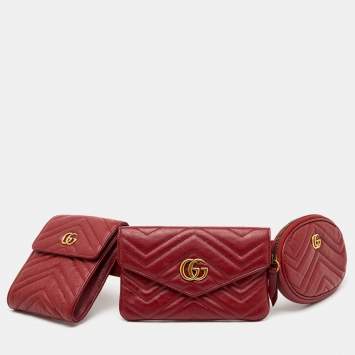 مملوكة مسبقًا Gucci GG Marmont 2.0 Red Matelasse Leather Multi Belt Bag