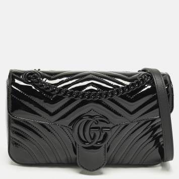 Pre Owned Gucci GG Marmont Medium Black Matelassé Patent Leather Shoulder Bag
