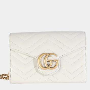 Pre Owned Gucci Grey Calfskin Matelasse GG Marmont Chain Wallet