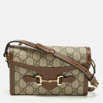 Pre Owned Gucci Horsebit 1955 Mini Beige/Brown GG Supreme Canvas and Leather Crossbody Bag