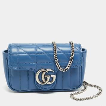 Pre Owned Gucci GG Marmont Super Mini Blue Matelassé Aria Leather Shoulder Bag