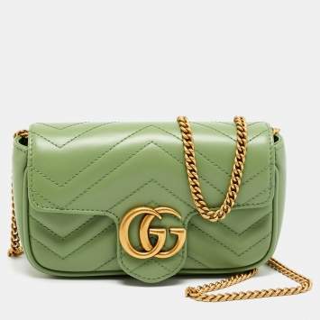 Pre Owned Gucci GG Marmont Super Mini Green Matelassé Leather Shoulder Bag