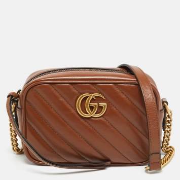 مملوكة مسبقًا Gucci GG Marmont Mini Brown Diagonal Quilt Leather Camera Bag 