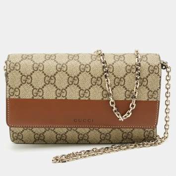 Pre Owned Gucci GG Emblem Beige/Brown GG Supreme Canvas and Leather Wallet On Chain