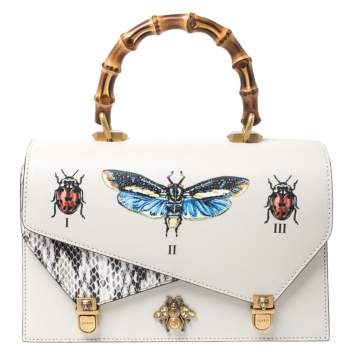 Pre Owned Gucci Cream Python and Leather Ottilia Bee Printed Bamboo Top Handle Bag