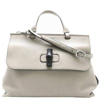 Pre Owned Gucci Grey Leather Bamboo Daily Medium Top Handle Bag