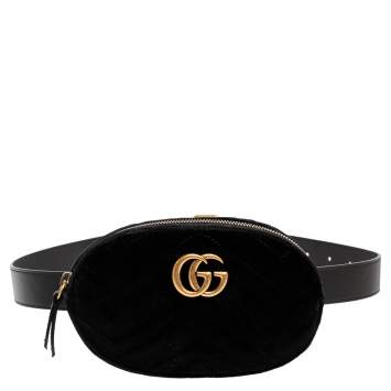 Pre Owned Gucci Black Matelasse Velvet and Leather GG Marmont Belt Bag