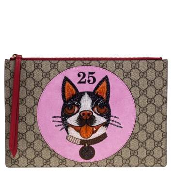 Pre Owned Gucci Beige/Red GG Supreme Canvas Bosco Patch Pouch